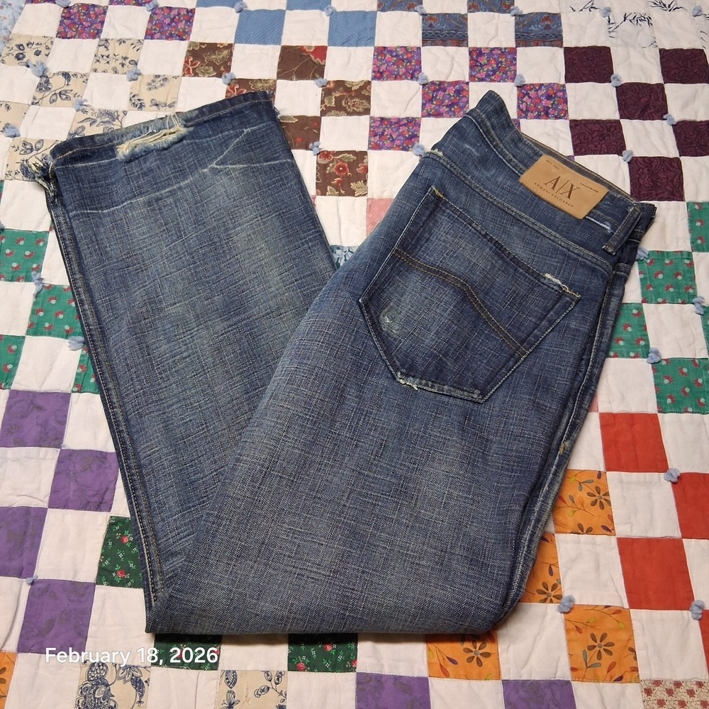 AX Armani Exchange Mens Jeans Size 33x32 Distressed Whiskered Relaxed Straight